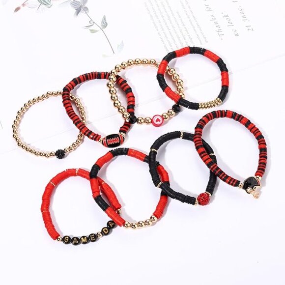 GEORGIA FOOTBALL BULLDOGS 8PC Stretch Bracelet SET Black Red Theme NEW - Picture 4 of 5